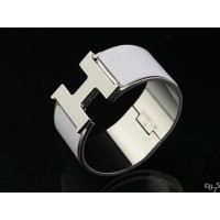 Hermes White Enamel Clic H Bracelet Narrow Width (33mm) In Silver